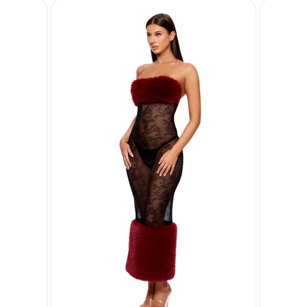 NEW Forplay Fur The Night Lace Faux Fur Nightgown Dress Small Wine Black